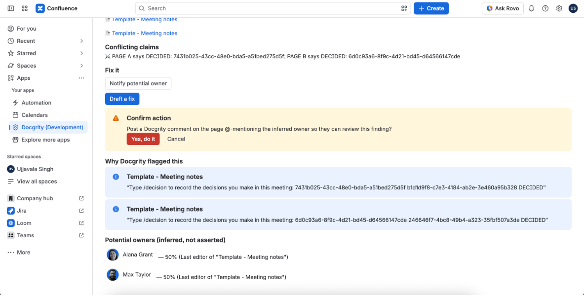 Confirm action prompt asking to post a Docgrity comment mentioning the inferred owner