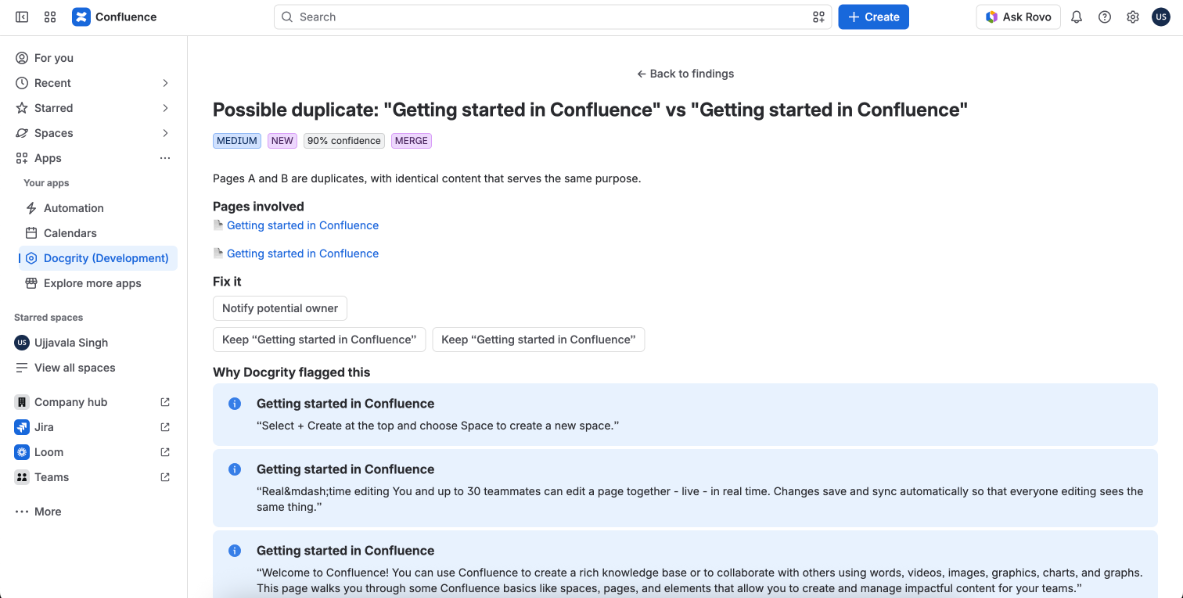 Duplicate finding detail comparing two Getting started pages with quoted evidence