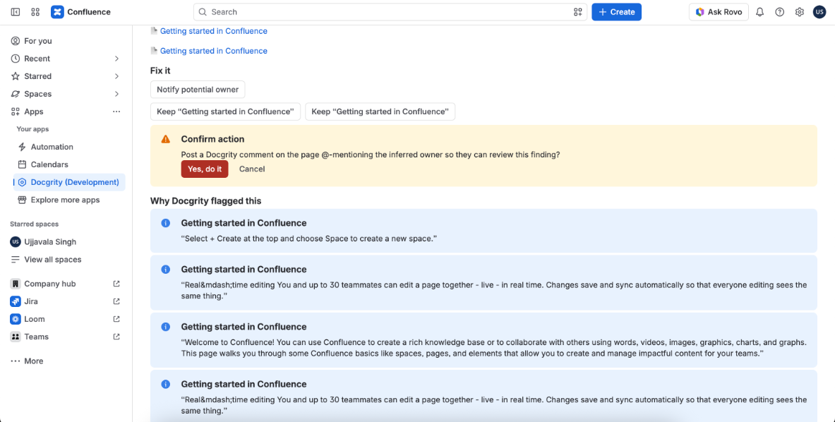 Confirm action prompt for the duplicate finding