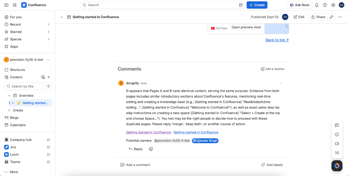 Docgrity comment on the duplicate page suggesting merge or keep-both, mentioning owners