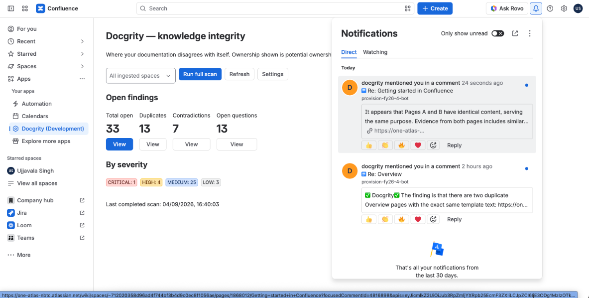 Confluence notifications panel showing Docgrity mention notifications