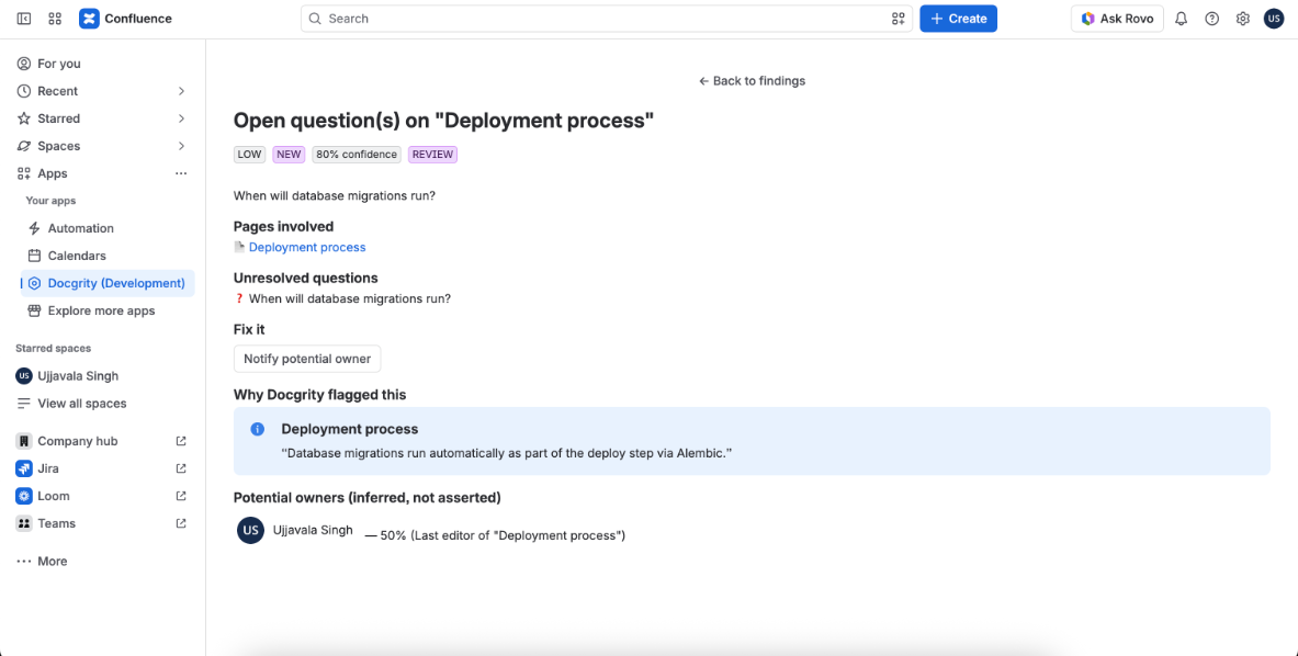 Open question detail showing the unresolved question, evidence excerpt and potential owner