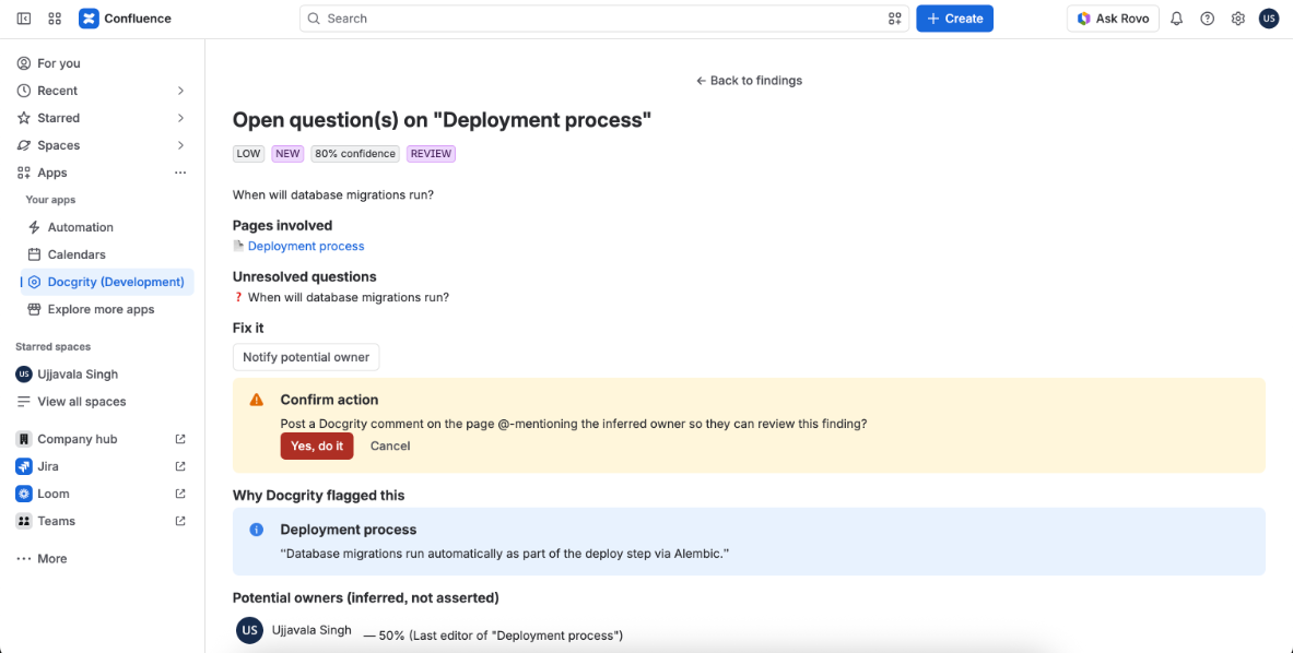 Confirm action prompt before notifying the owner of the open question