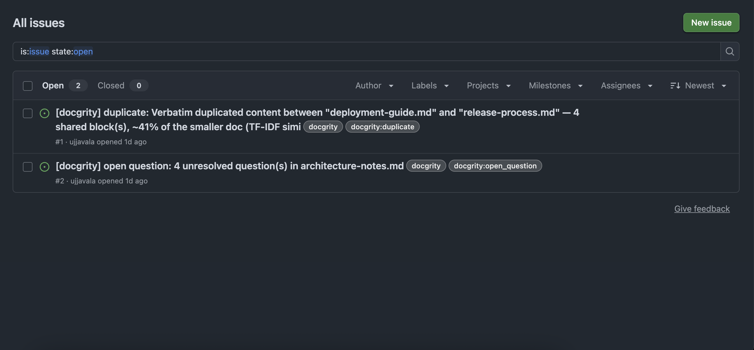 GitHub issues raised by Docgrity: a duplicate finding between deployment-guide.md and release-process.md, and an open-question finding in architecture-notes.md, each labelled docgrity